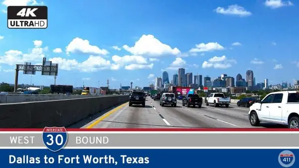 Drive America's Highways for 69 miles west along Interstate 30 from Dallas to Fort Worth, Texas.