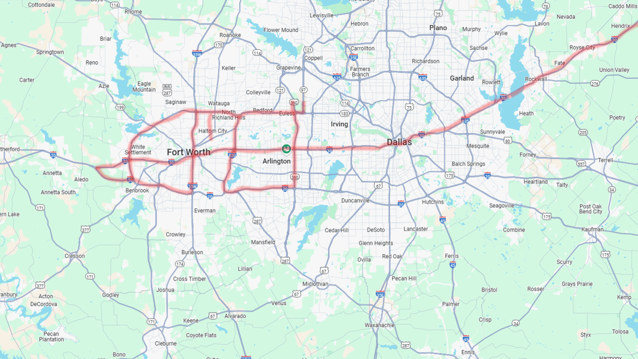 Map of Ft. Worth area highways included in this trip.