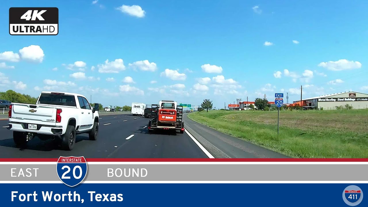 Drive 17 miles east along Interstate 20 in Fort Worth, Texas, from the I-30 interchange to I-35W. This urban segment of I-20 bypasses downtown and connects major routes like I-820, US-377, and the Chisholm Trail Parkway, offering a look at Fort Worth’s southern corridor.